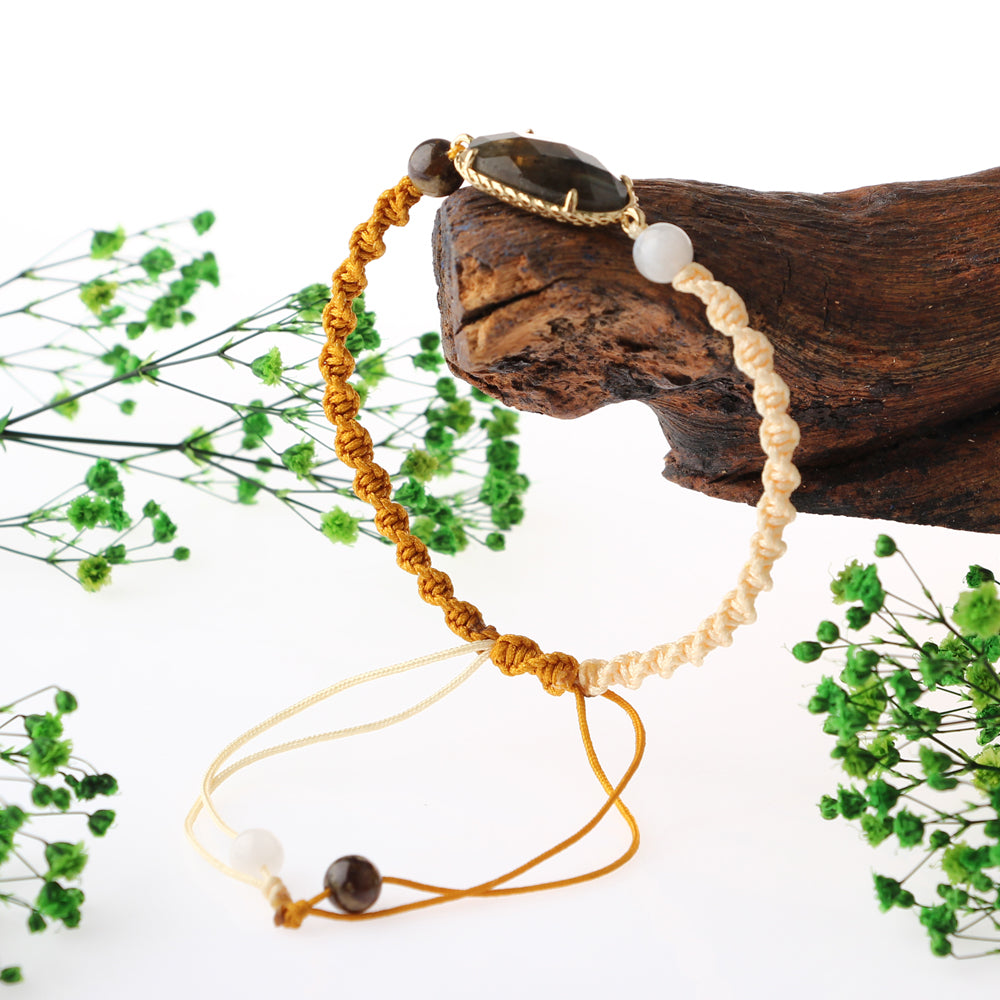 Labradorit-Ay Taşı Doğal Taş Makrome Örgü Bileklik