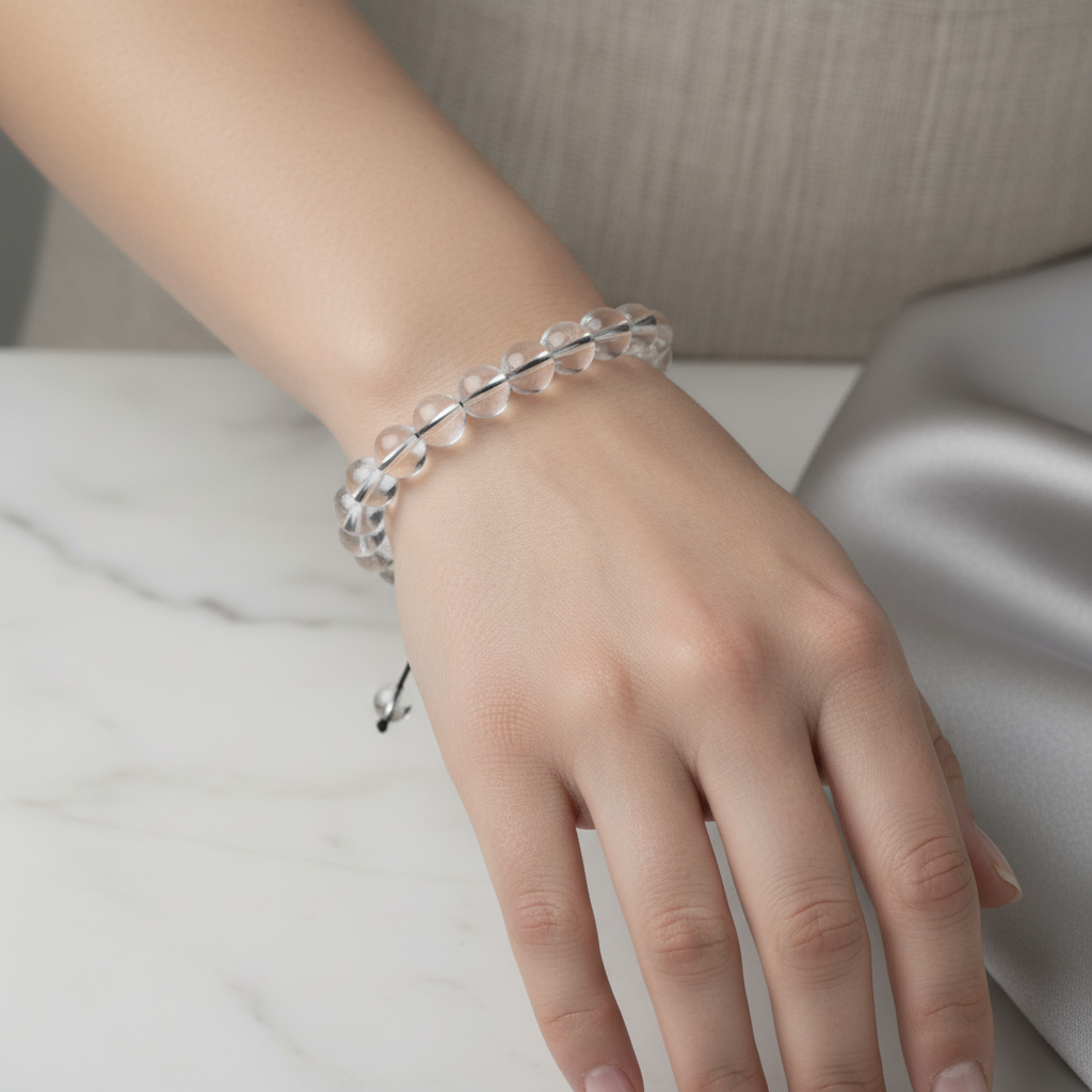 Kristal Kuvars 8 mm Merdiven Kapama Doğal Taş Bileklik – El İşçiliği