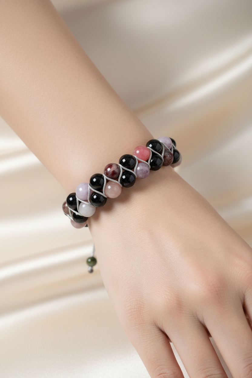 Renkli Turmalin 8mm Çift Sıra Makrome Doğal Taş Bileklik