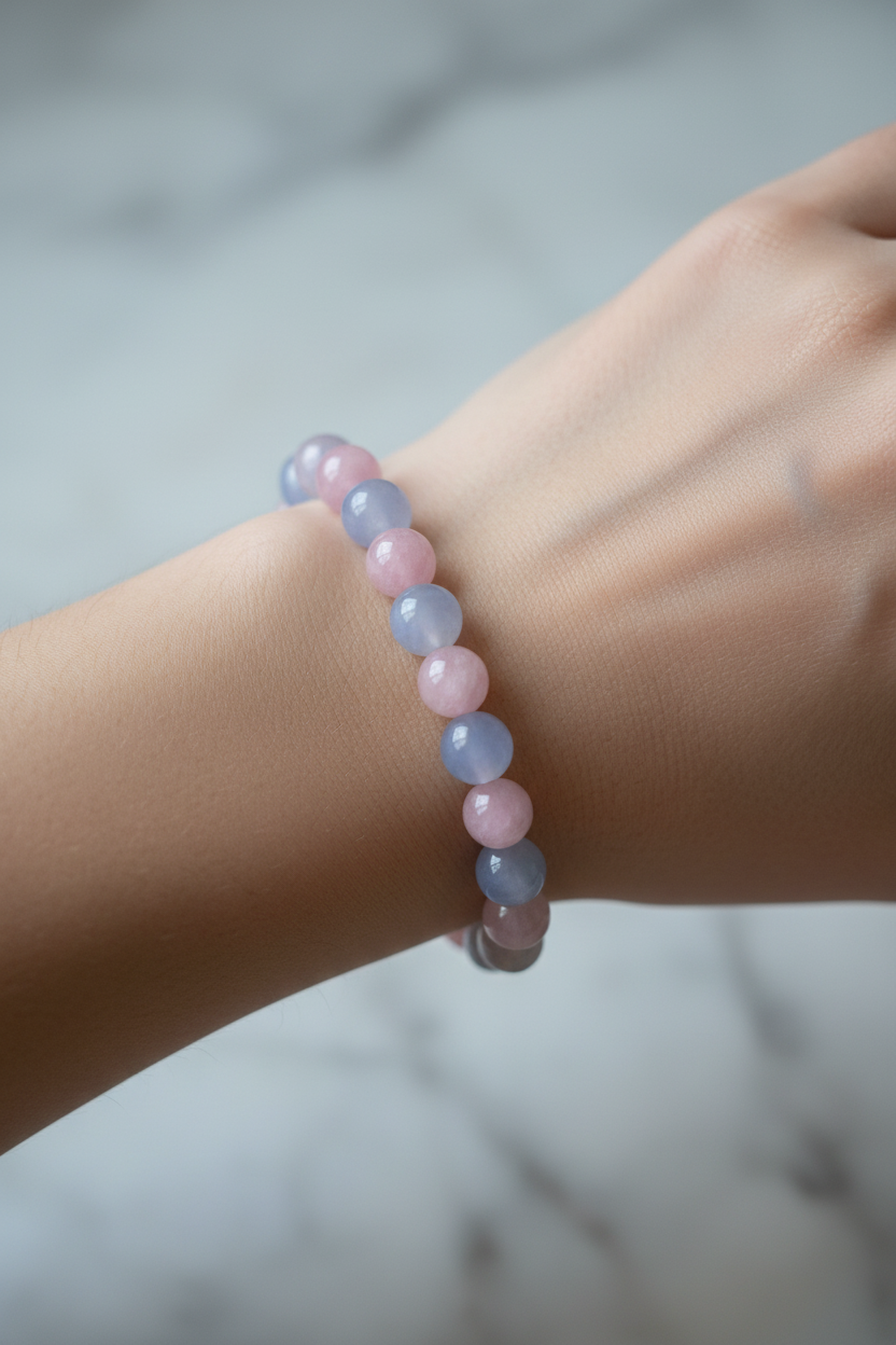 Kunzit ve Mavi Akik Doğal Taş Bileklik – 10 mm Misinalı, Unisex Şık Tasarım
