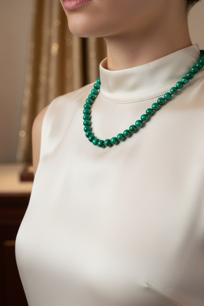 Malakit Doğal Taş Kolye – 8 mm Düğümlü, Unisex Tasarım