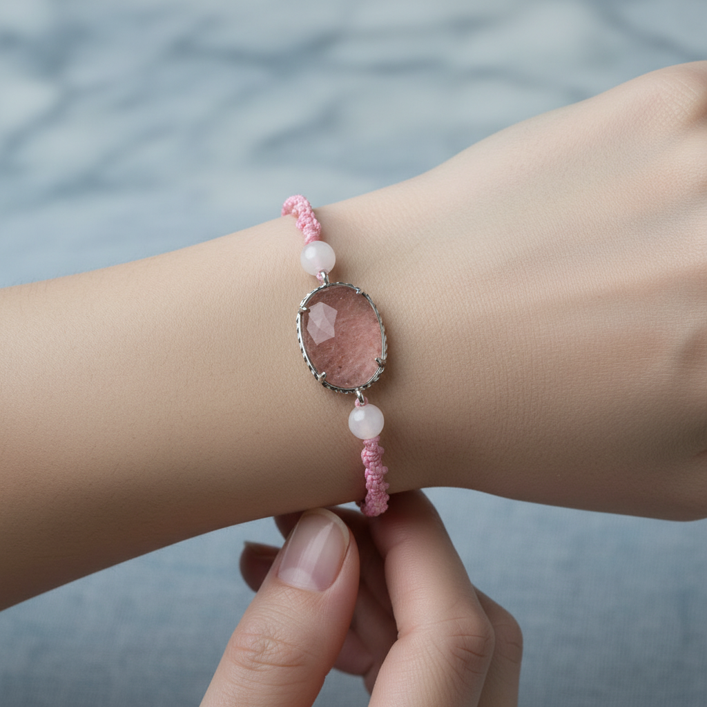Çilek Kuvars – Pembe Kuvars Doğal Taş Makrome Bileklik – Özel Tasarım