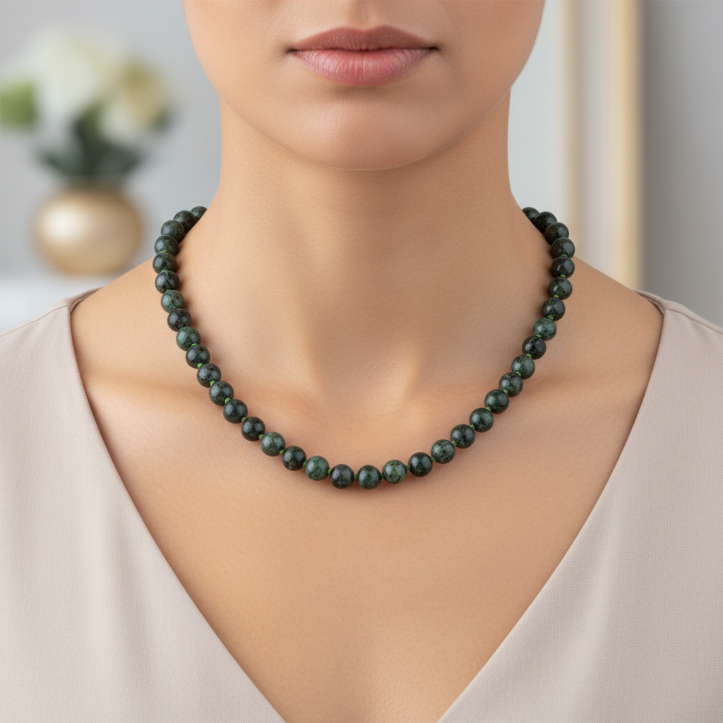 Yosunlu Akik Doğal Taş Kolye – 8 mm Düğümlü, Unisex Tasarım