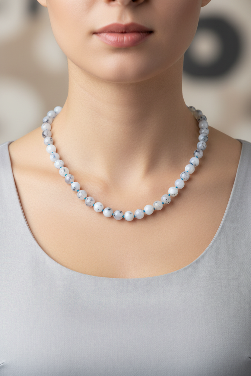 Mavi Akik Doğal Taş Kolye – 8 mm Düğümlü, Unisex Tasarım