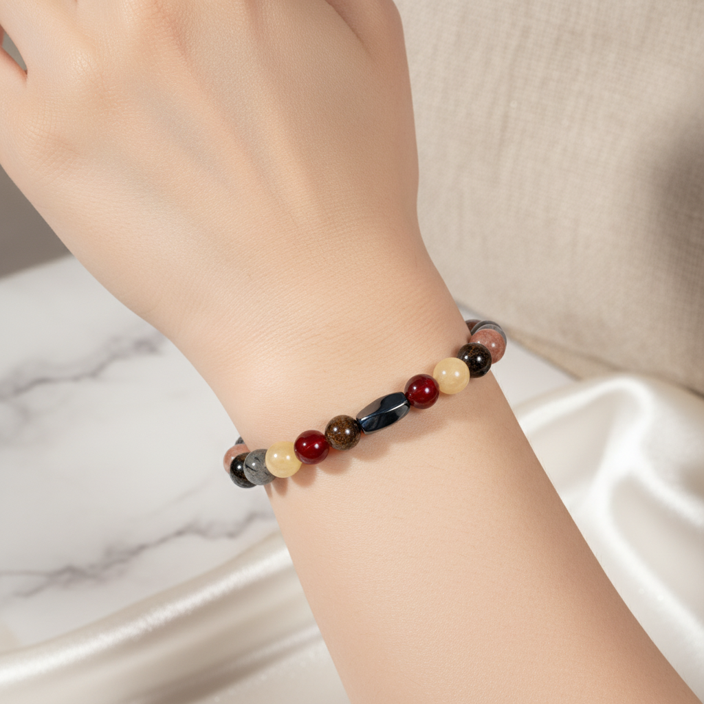 Aslan Burcu Doğal Taş Bileklik – Granat Lal, Bronzit, Obsidyen, Güneş Taşı, Jasper, Kalsit, Akik, Labradorit, Rutilli Kuvars & Sitrin