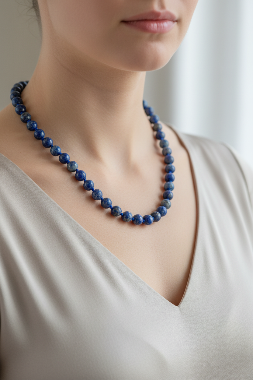 Lapis Lazuli Doğal Taş Kolye – 8 mm Düğümlü, Unisex Tasarım