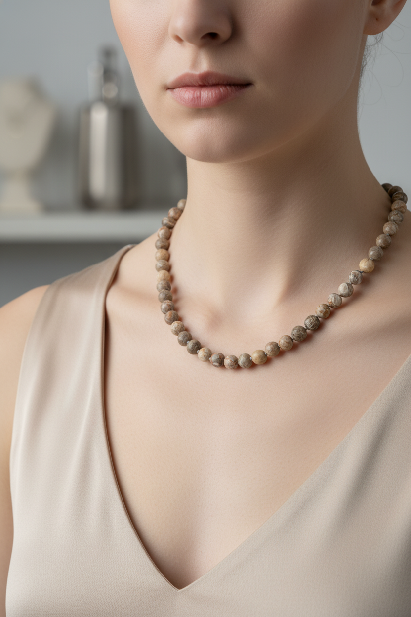 Fosil Mercan Doğal Taş Kolye – 8 mm Düğümlü, Unisex Tasarım