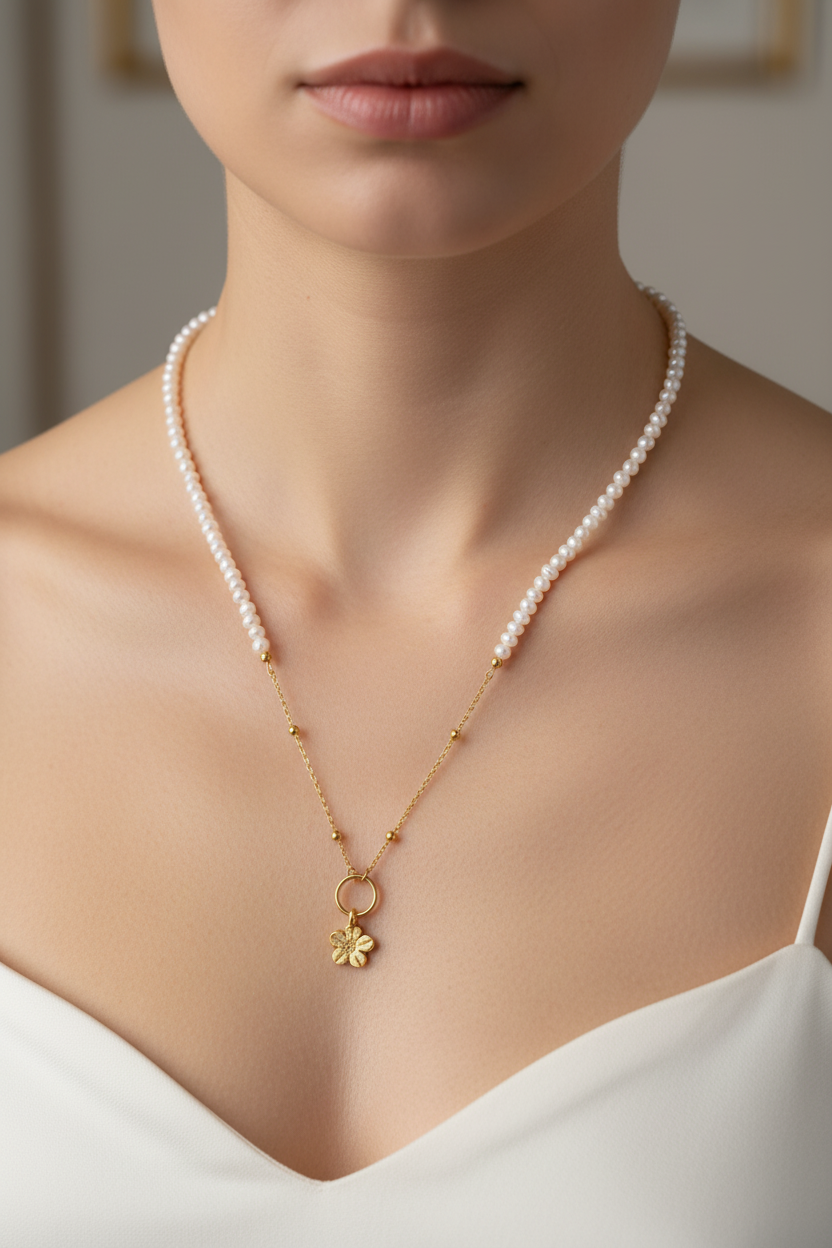 İnci Doğal Taş 925 Ayar Gümüş Çiçek Motifli Kolye – Özel Tasarım