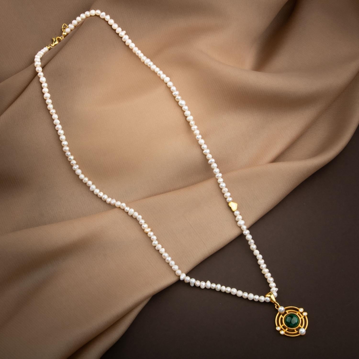 Malakit Taşlı İnci Doğal Taş Gümüş Tasarım Kolye - 54cm