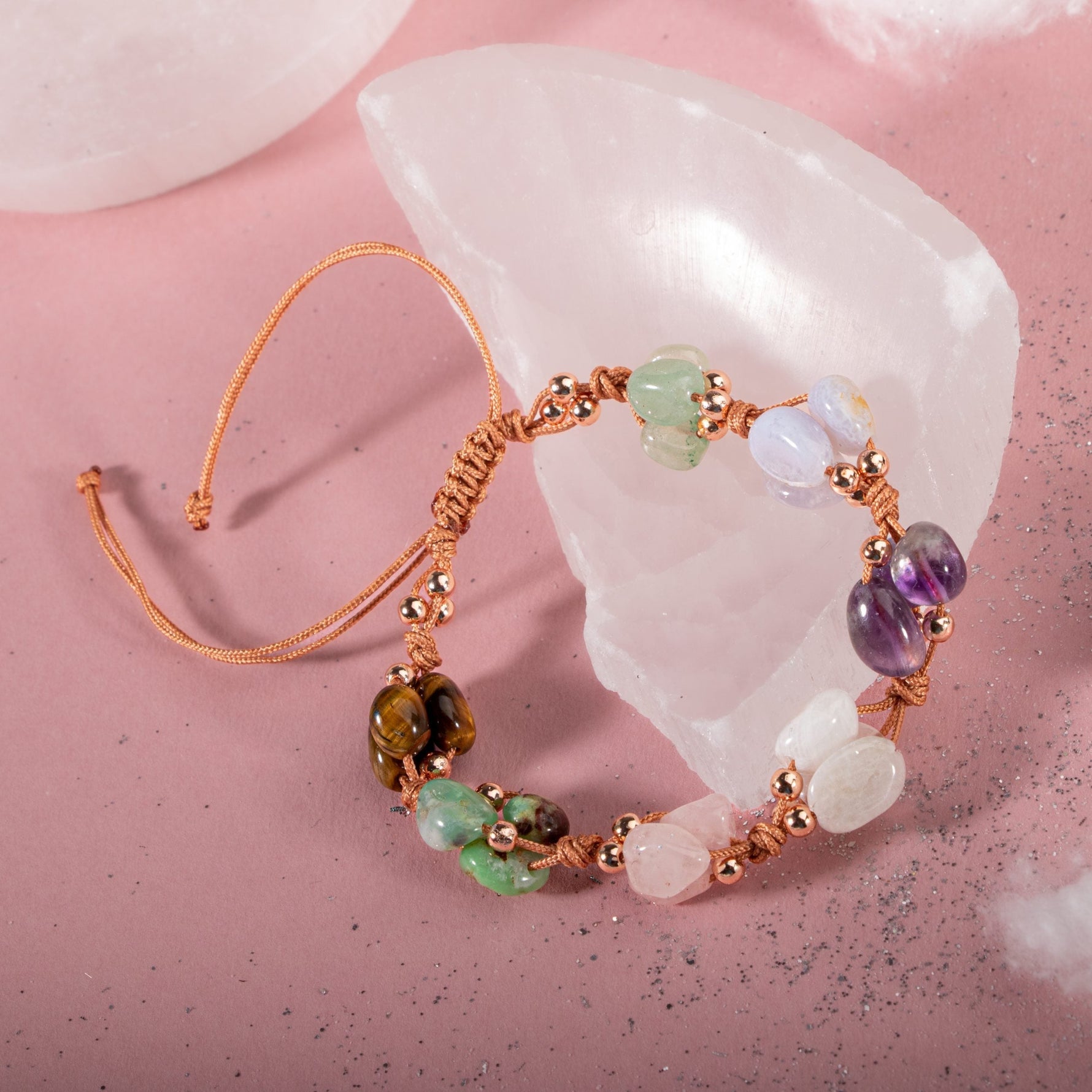 Yengeç Burcu Bileklik Ametist, Ay Taşı, Kalsedon, Kaplan Gözü, Krizopras, Pembe Kuvars, Yeşil Aventurin