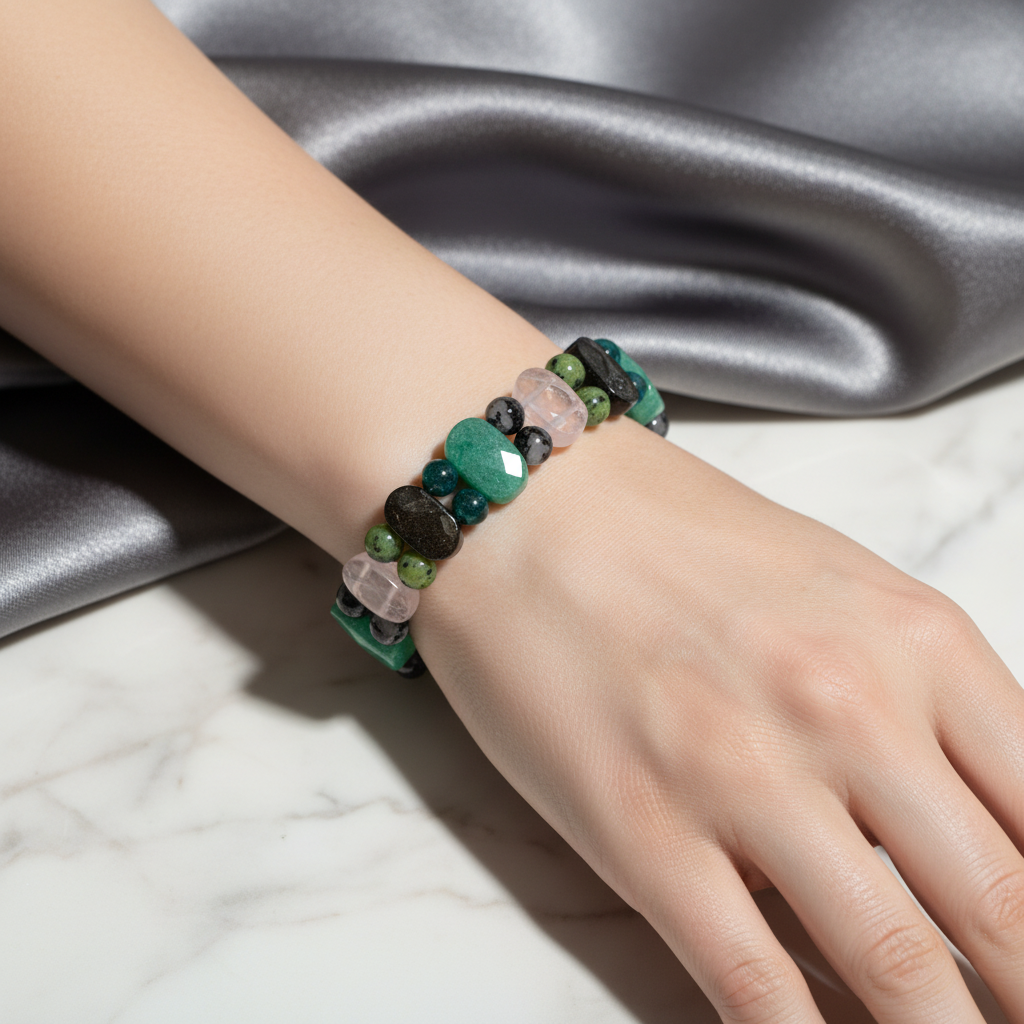Boğa Burcu Doğal Taş Bileklik – Obsidyen, Mavi Apatit, Pembe Kuvars, Rutilli Kuvars, Siyah Turmalin, Aventurin & Yeşim