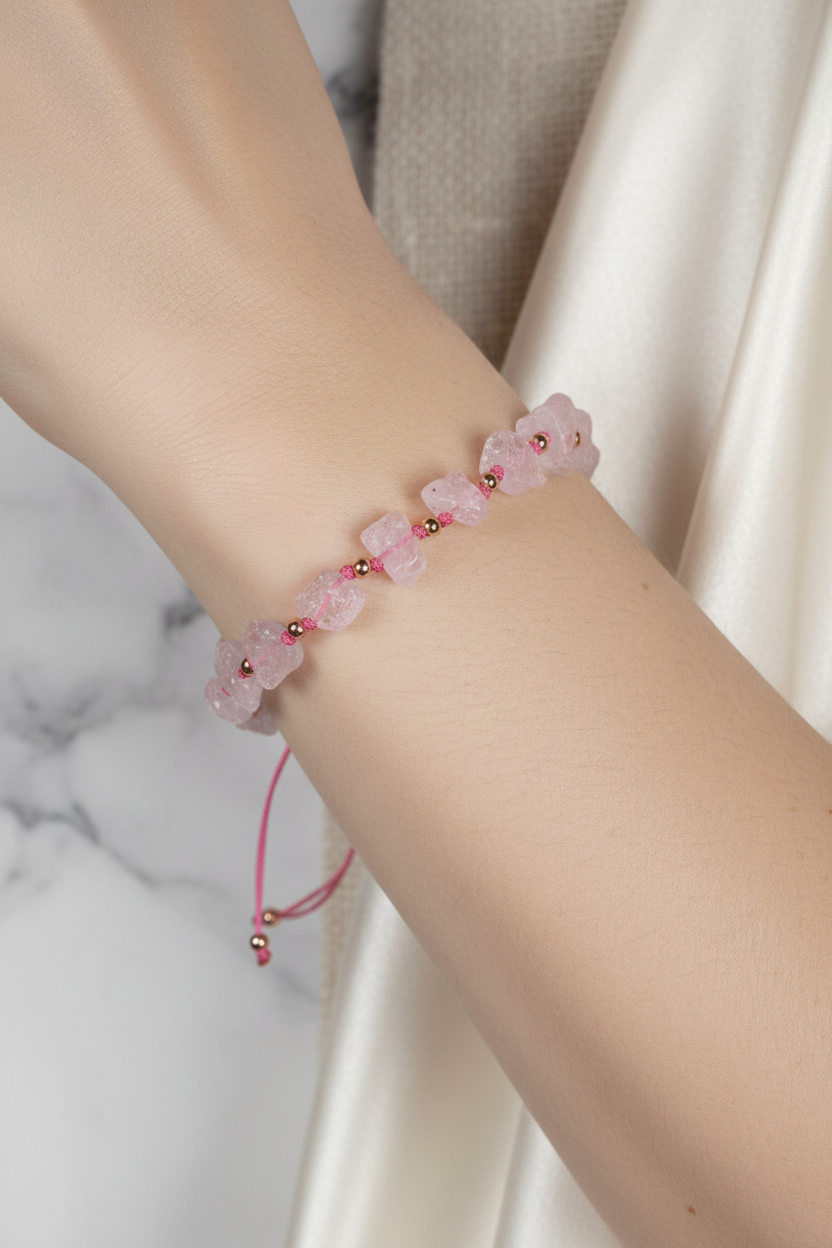 Ham Pembe Kuvars Doğal Taş Bileklik – Unisex Şık Tasarım