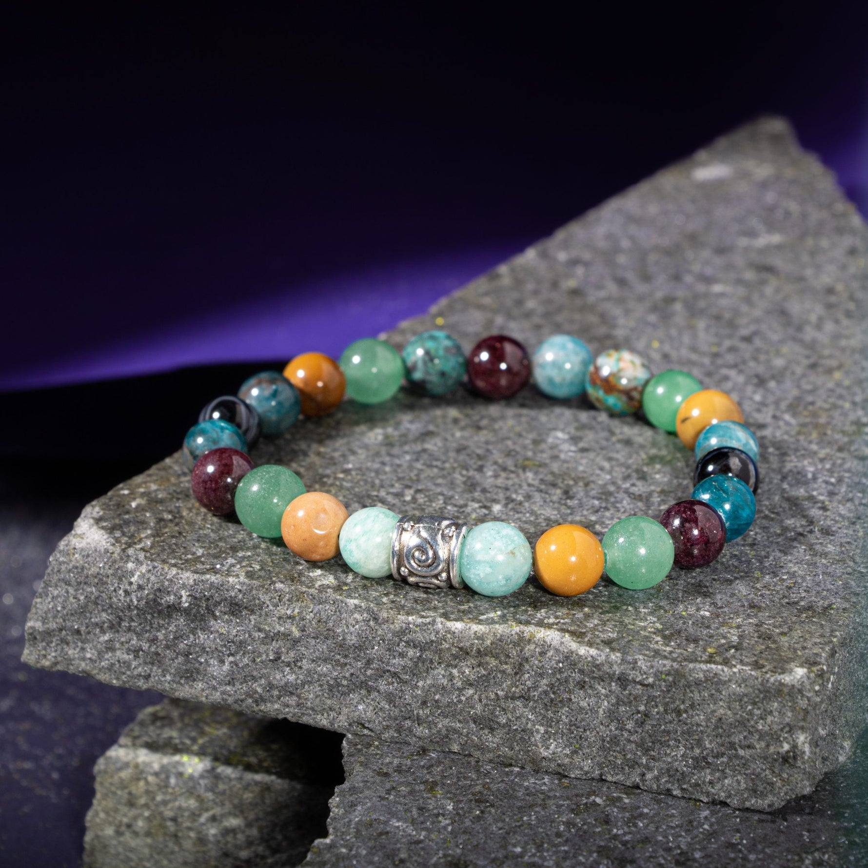 Başak Burcu Bileklik Amazonit, Bordo Granat Lal, Jasper, Krizokol, Mavi Apatit, Siyah Göz Akik, Yeşil Aventurin