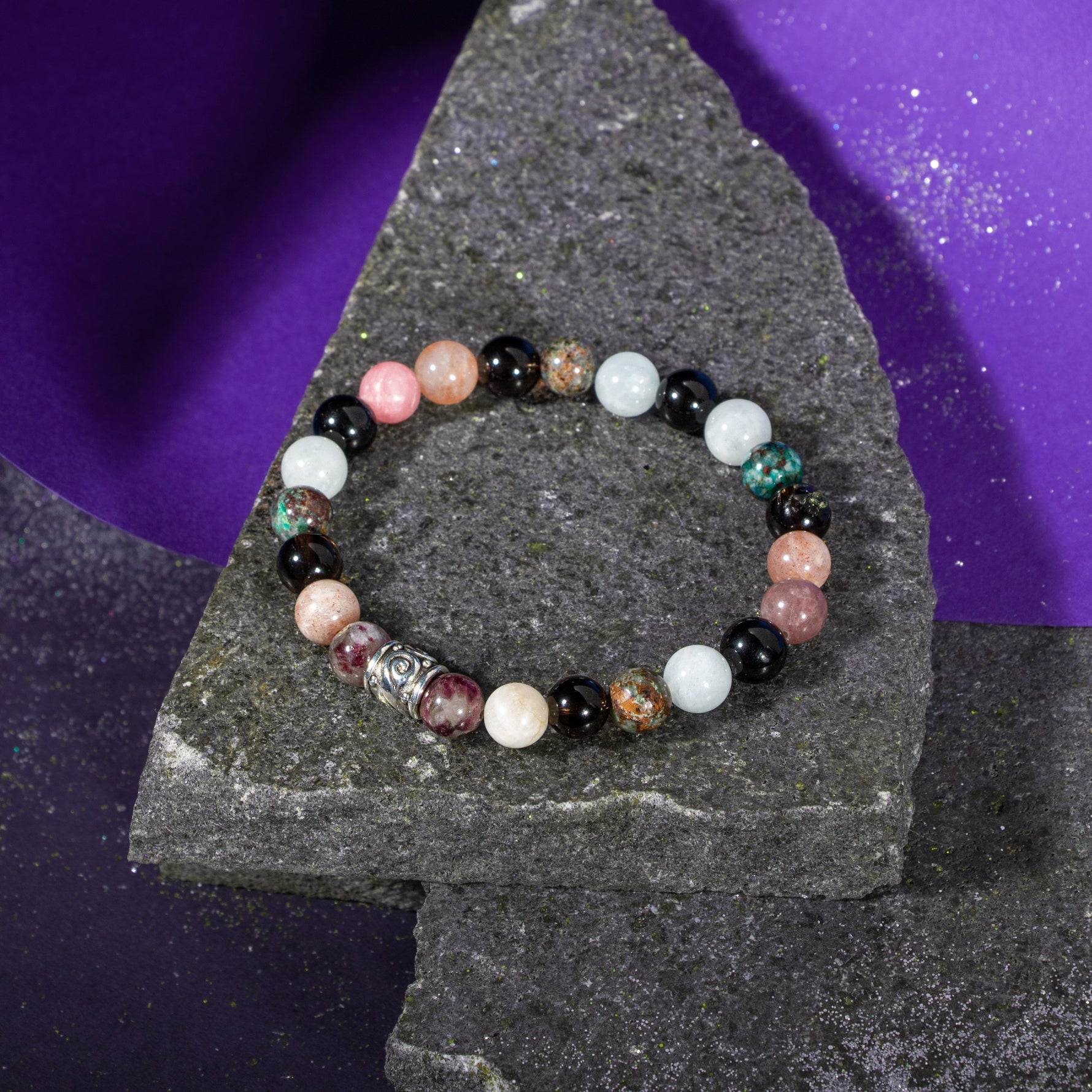 Terazi Burcu Bileklik Akuamarin, Dumanlı Kuvars, Güneş Taşı, Krizokol, Obsidyen, Siyah Turmalin