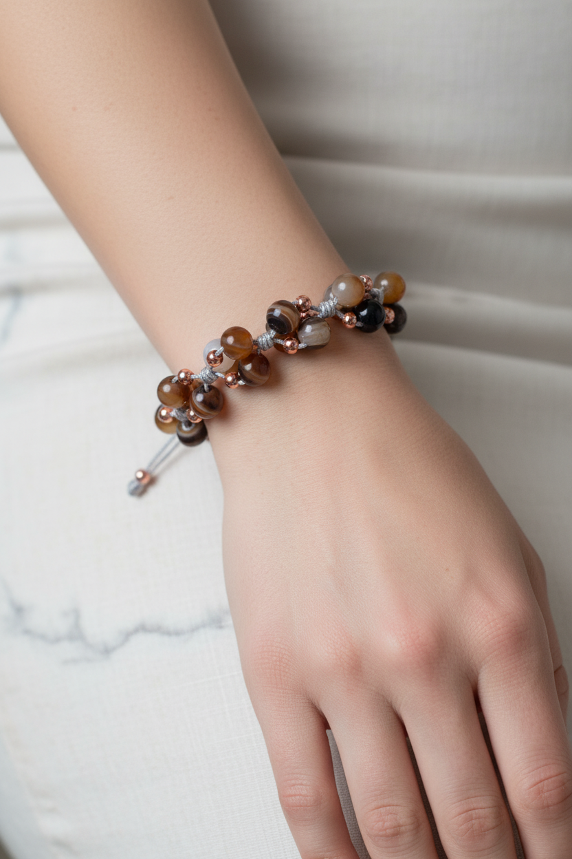 Botswana Akik Doğal Taş Merdiven Kapama İpli Bileklik – Ayarlanabilir Tasarım