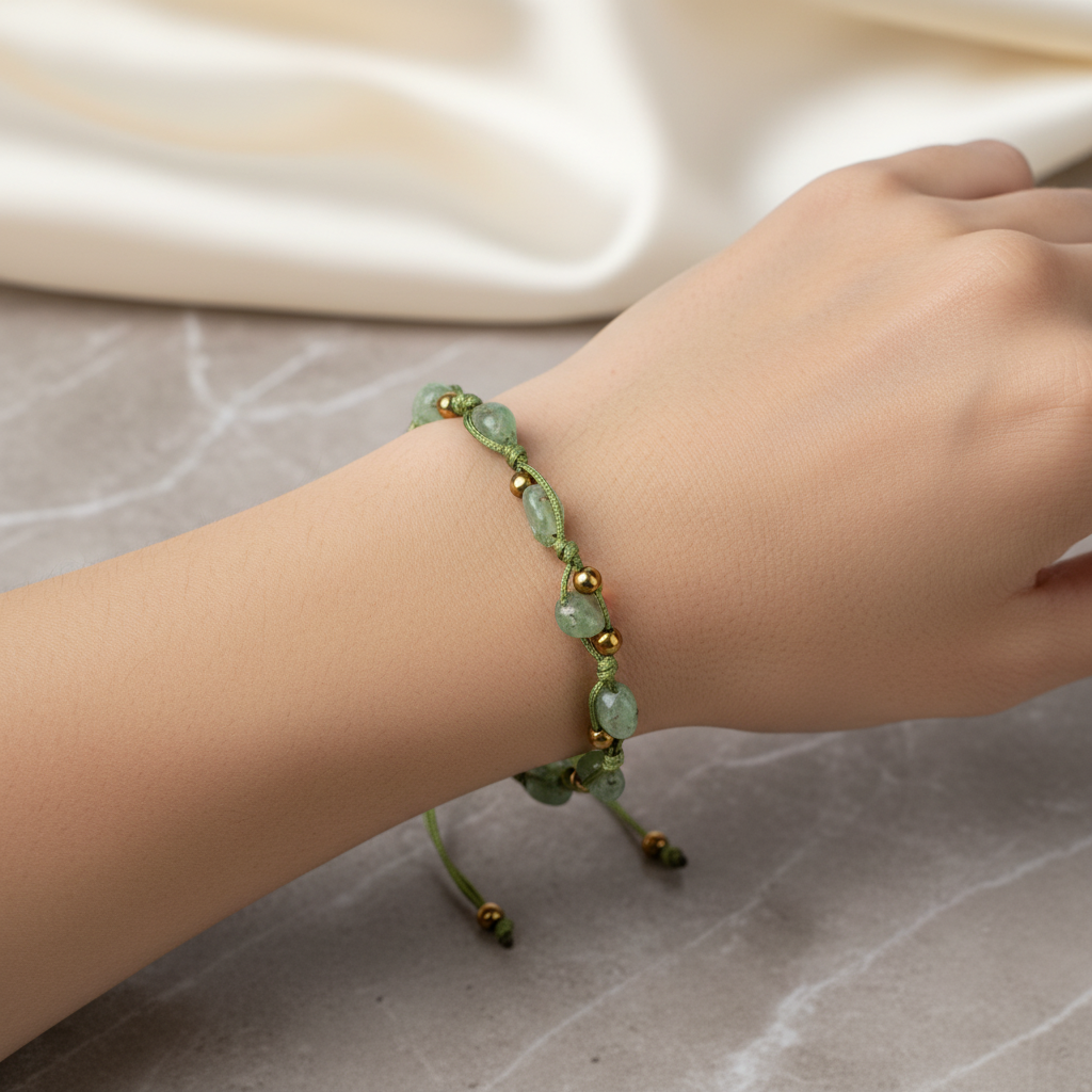 Yeşil Kiyanit Natürel Kesim Doğal Taş Makrome Bileklik – Unisex El İşçiliği