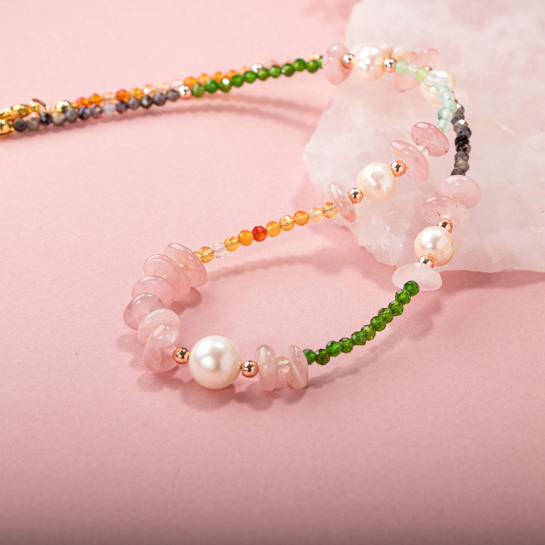 Karnelyan Akik-İyolit-Pembe Opal-İnci-Pembe Kuvars-Hematit-Diopsit-Prehnit Doğal Taş Kolye