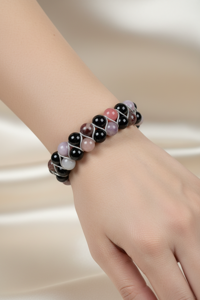 Renkli Turmalin 8mm Çift Sıra Makrome Doğal Taş Bileklik
