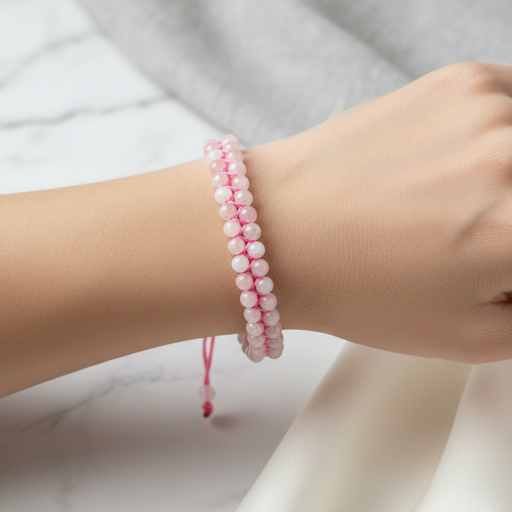 Morganit 4mm Çift Sıra Doğal Taş Makrome Bileklik – El İşçiliği