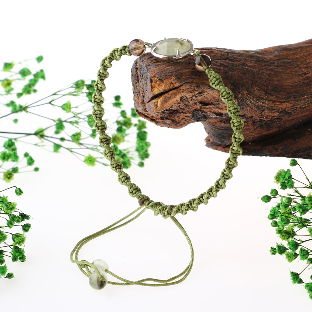 Prehnit-Dumanlı Kuvars Doğal Taş Makrome Örgü Bileklik