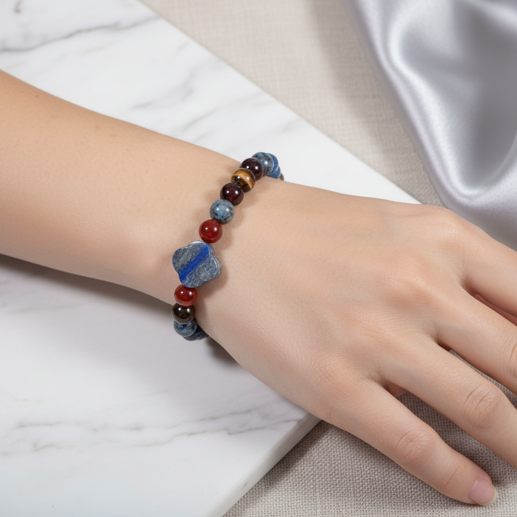 Oğlak Burcu Doğal Taş Bileklik – Granat Lal, Kaplan Gözü, Karlı Obsidyen, Akik & Lapis Lazuli