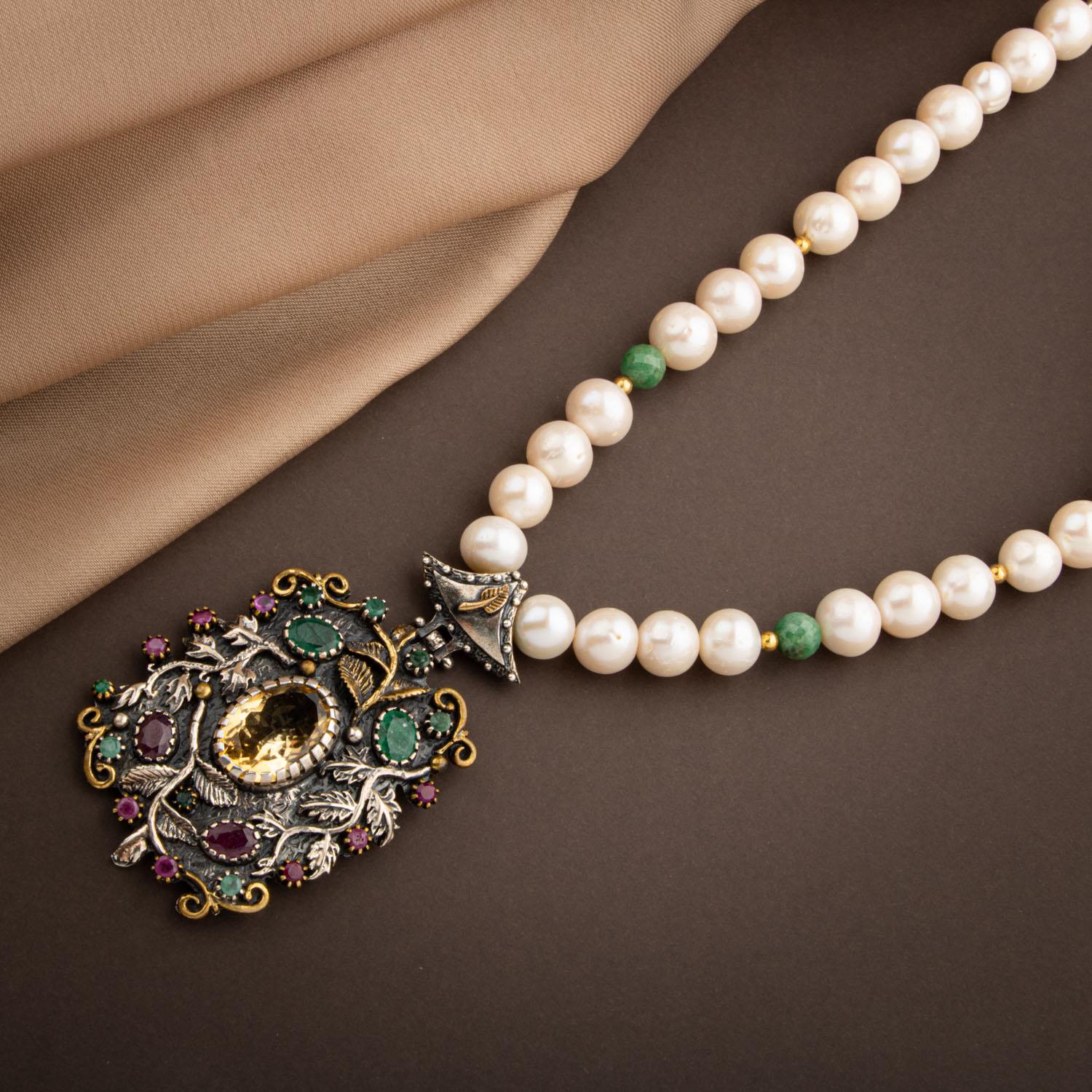 İnci-Zümrüt Doğal Taş El İşlemesi Koleksiyon Sitrin Kolye - 65cm