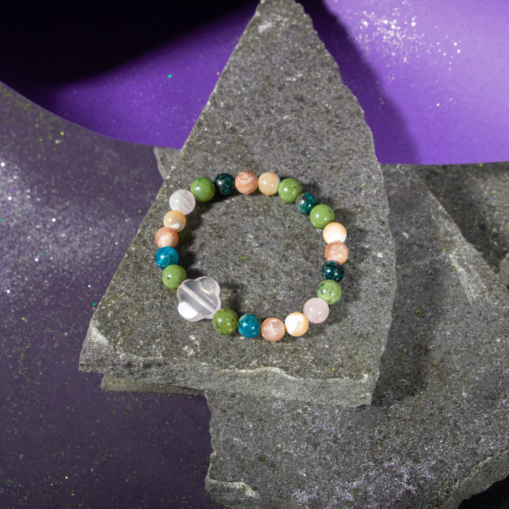 Boğa Burcu Bileklik Güneş Taşı, Mavi Apatit, Pembe Kuvars, Sedef, Yeşim