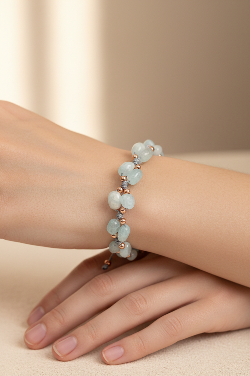 Sertifikalı Akuamarin Doğal Taş Üçlü Naturel Kesim Makrome Bileklik | Pirtash | Özel Üretim