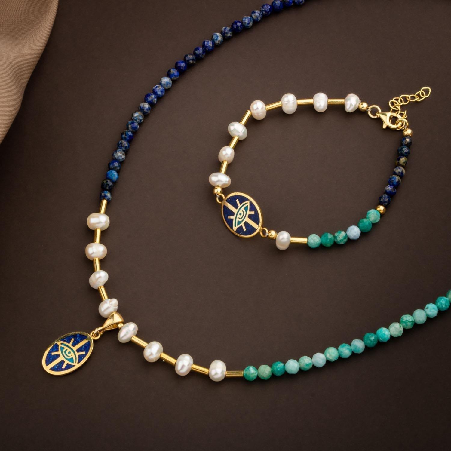 Mozaik Lapis Lazuli Taşlı-Amazonit-İnci Doğal Taş Gümüş Tasarım Kolye Bileklik Seti - 54cm