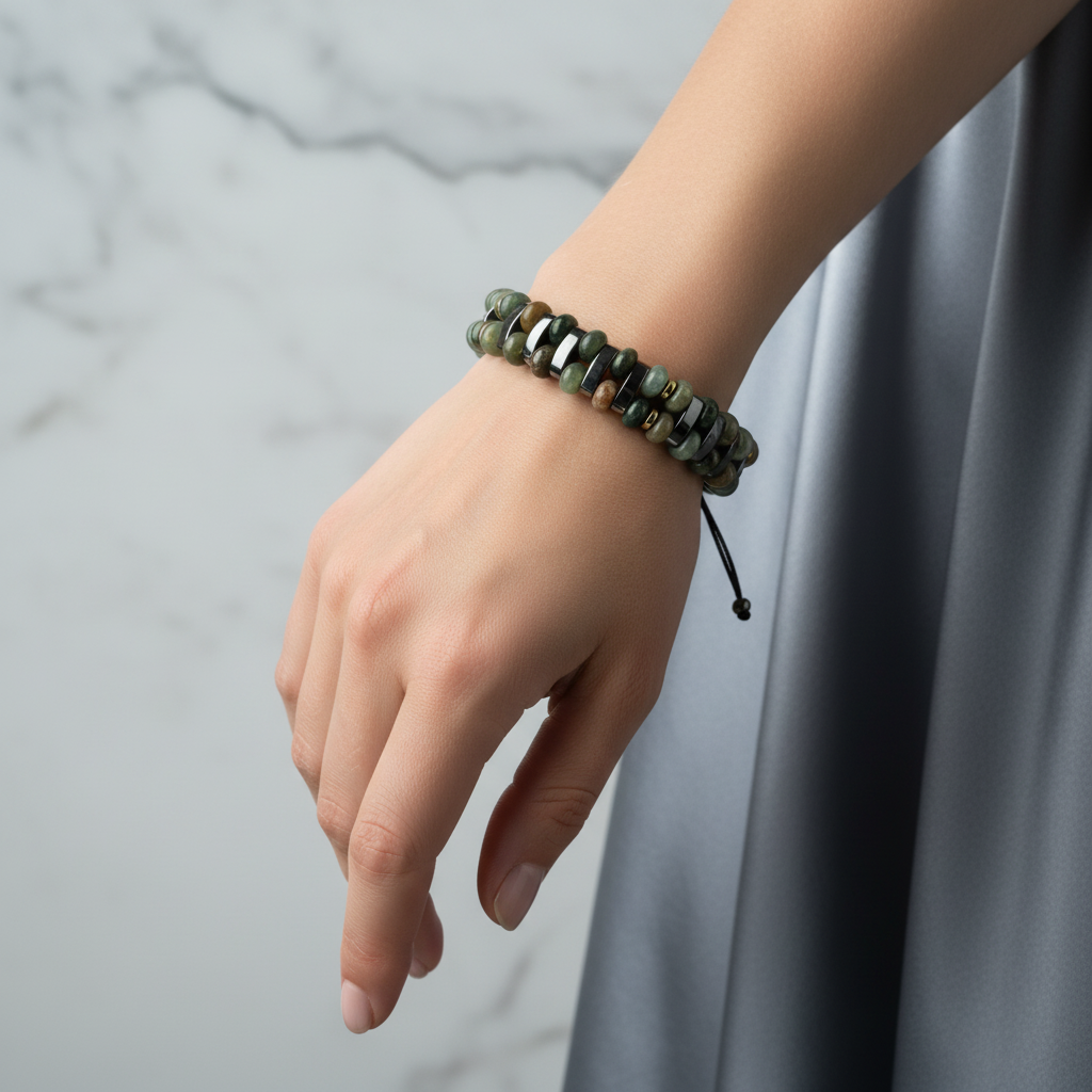 Hint Akiği ve Hematit Doğal Taş Bileklik – Unisex Şık Tasarım