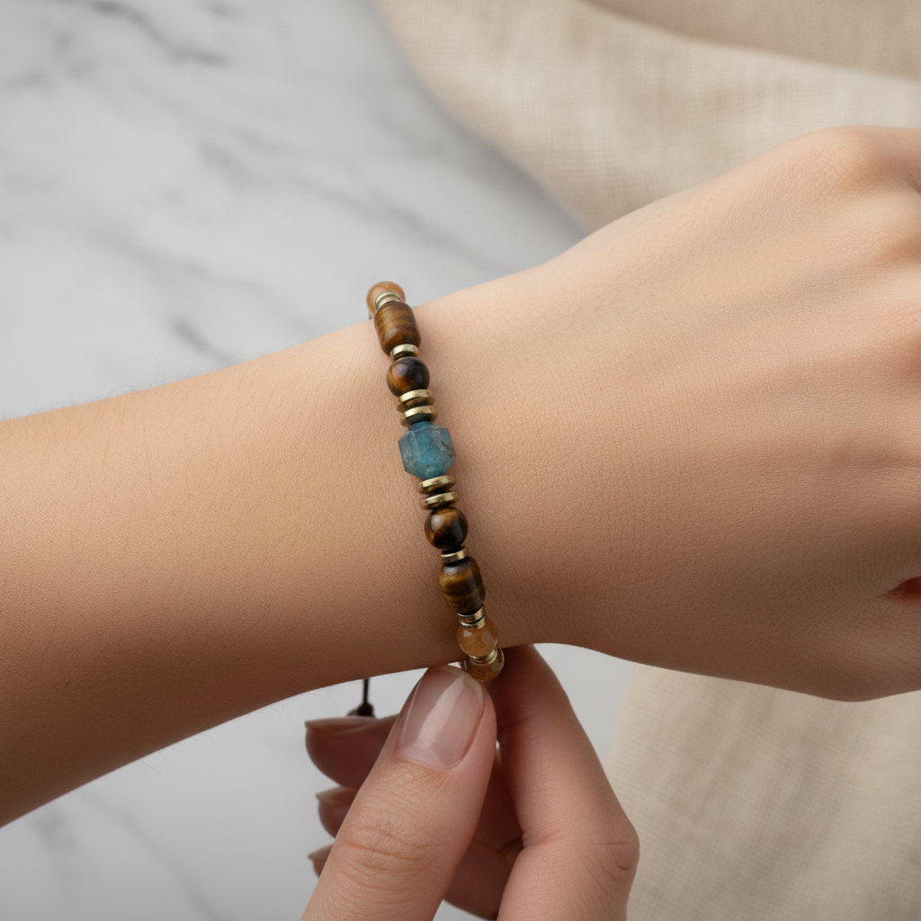 Kaplan Gözü, Aventurin ve Apatit Doğal Taş Bileklik – Unisex Şık Tasarım