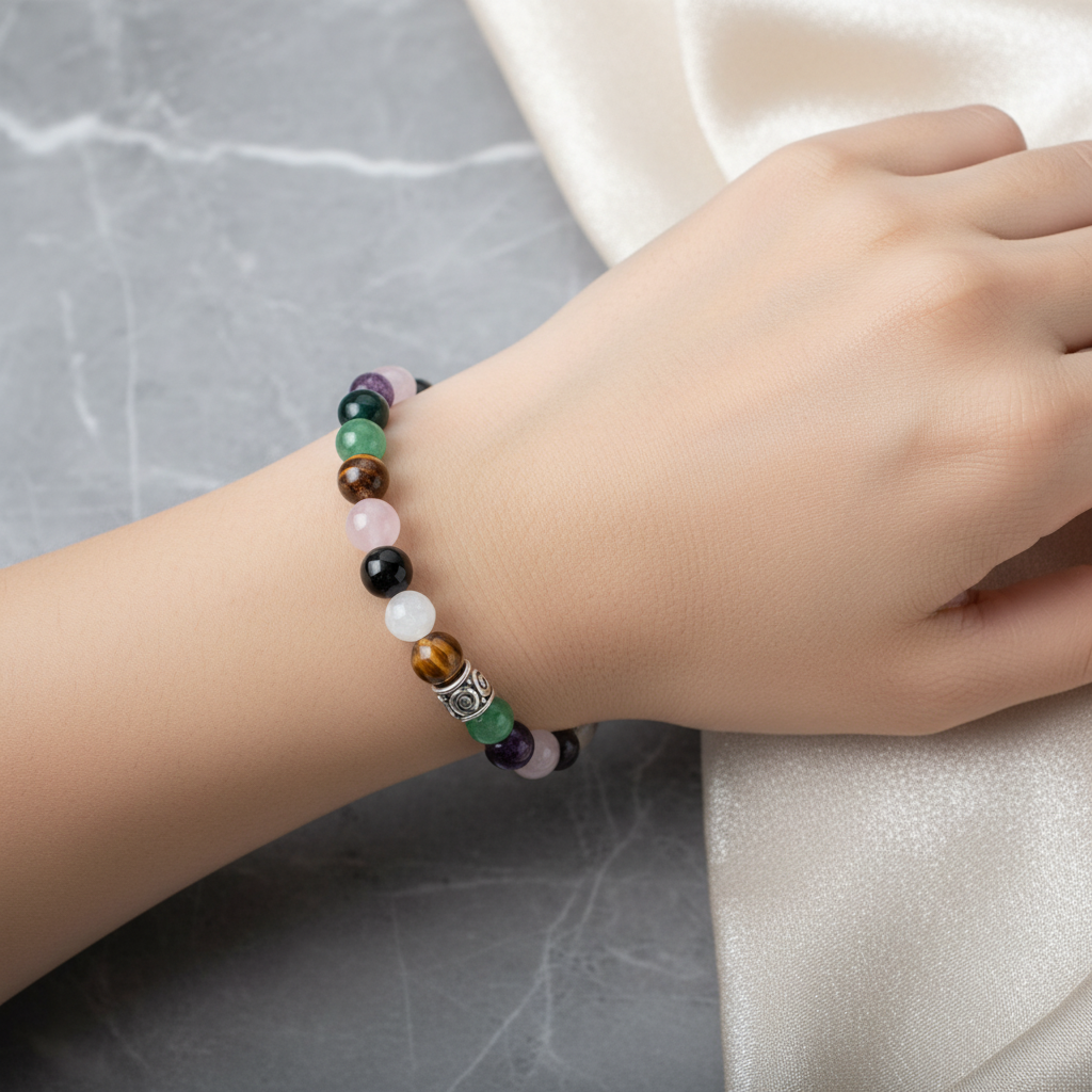 Yengeç Burcu Doğal Taş Bileklik – Ametist, Ay Taşı, Golden Obsidyen, Kan Taşı, Kaplan Gözü, Pembe Kuvars ve Yeşil Aventurin
