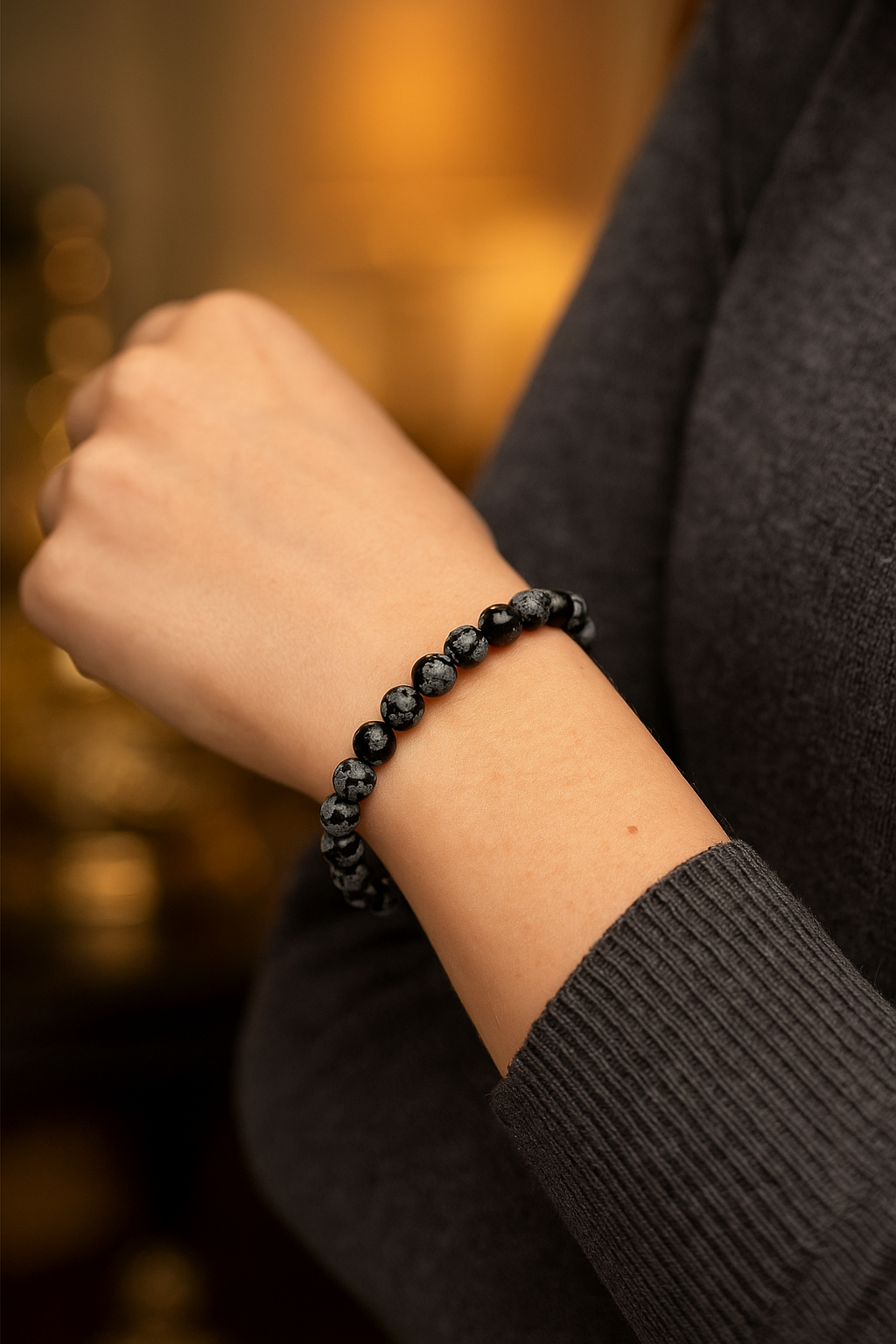 Sertifikalı Karlı Obsidyen Doğal Taş Bileklik – 6 mm Küre Kesim