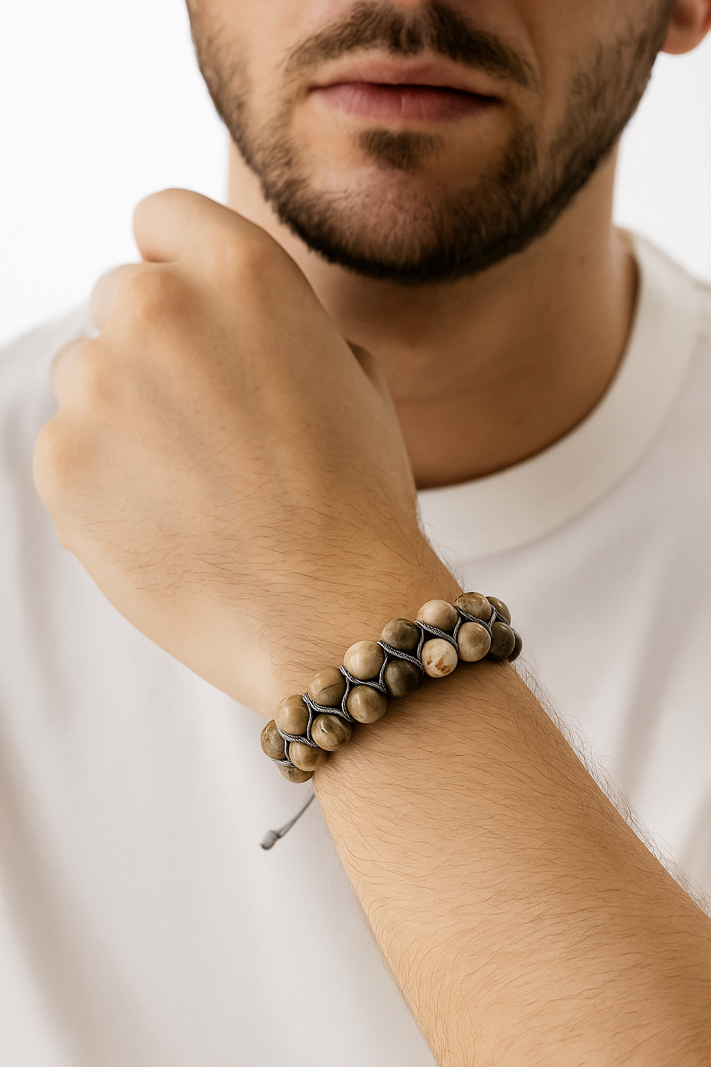 Sertifikalı Fosil Mercan 8 mm Çift Sıra Makrome Doğal Taş Bileklik
