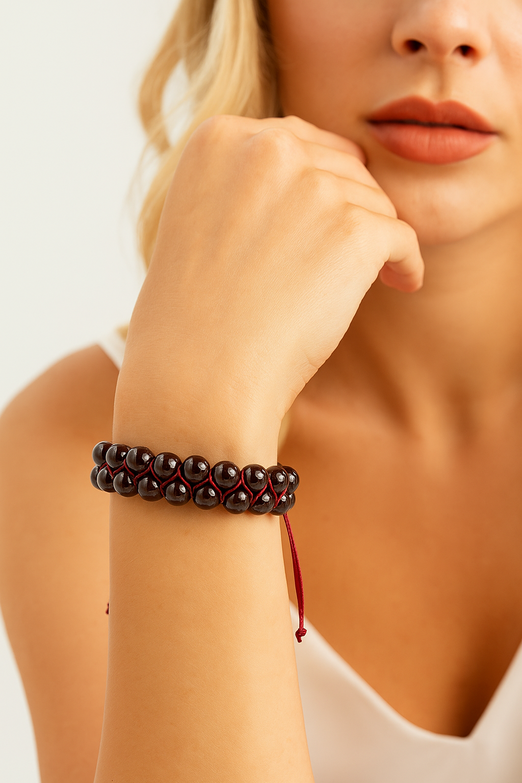 Sertifikalı Bordo Granat (Lal) 8 mm Çift Sıra Makrome Doğal Taş Bileklik