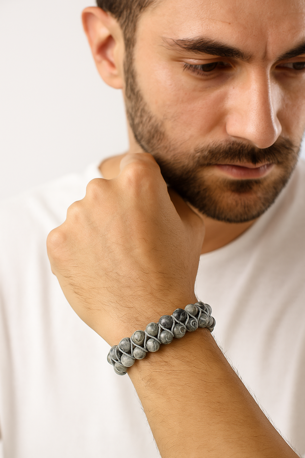 Sertifikalı Gri Jasper 8 mm Çift Sıra Makrome Doğal Taş Bileklik