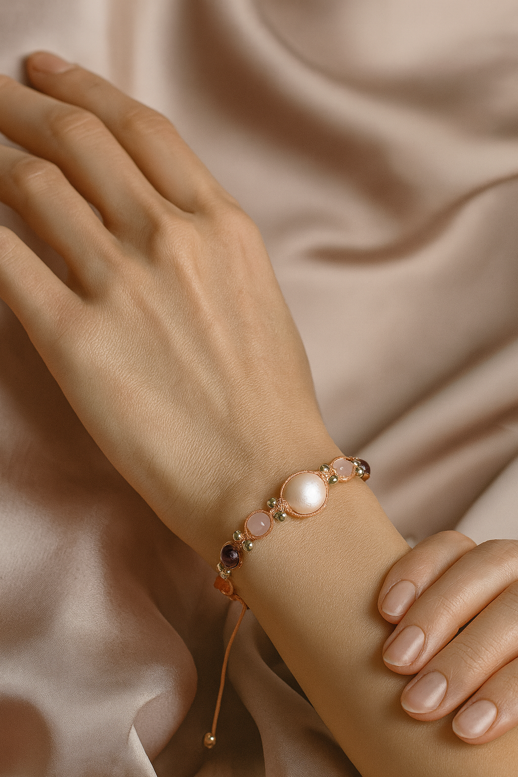 İnci, Ametist, Ay Taşı, Jasper, Pembe Kuvars & Akik Doğal Taş Makrome Bileklik – Pirtash