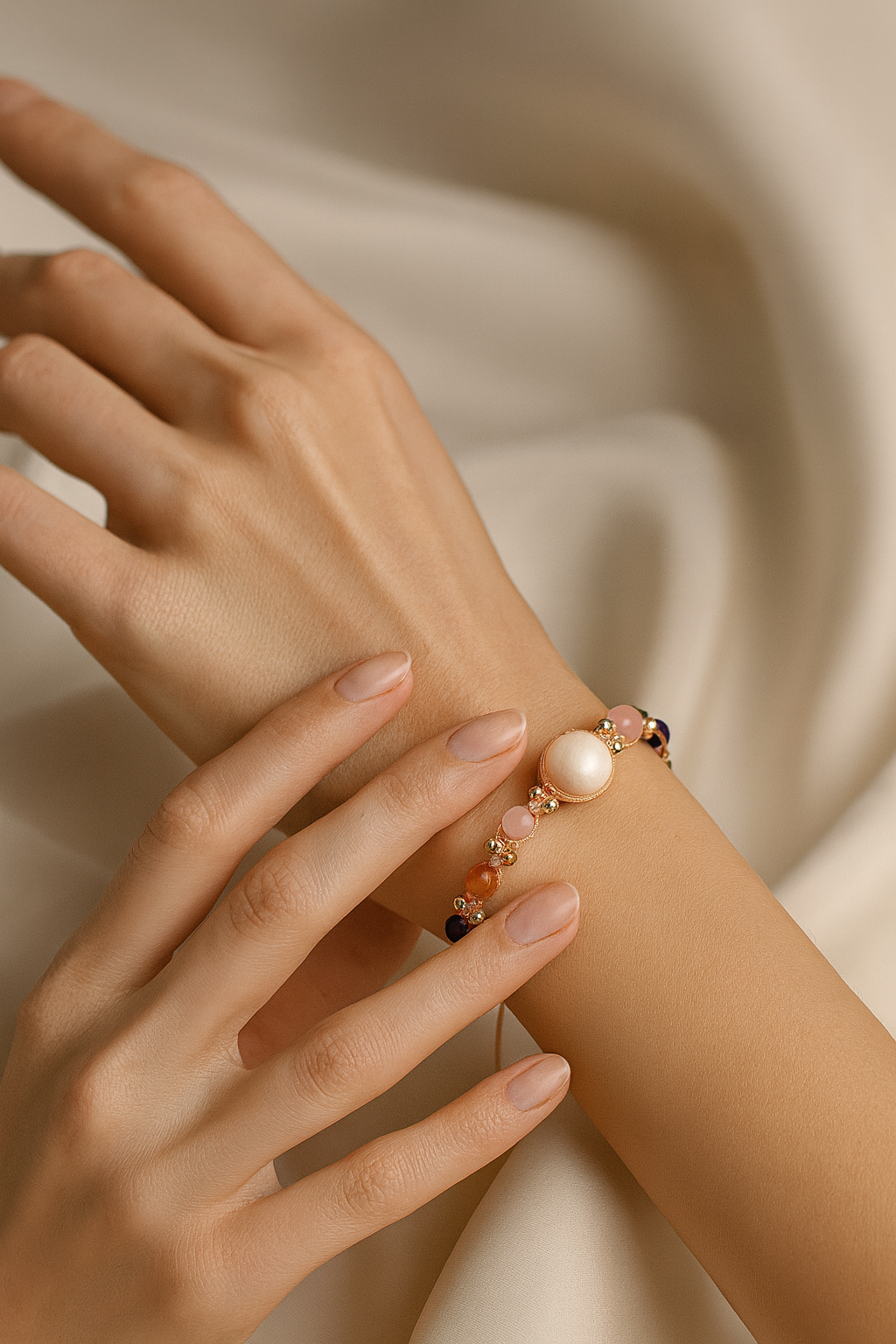 İnci, Ametist, Ay Taşı, Jasper, Pembe Kuvars & Akik Doğal Taş Makrome Bileklik – Pirtash