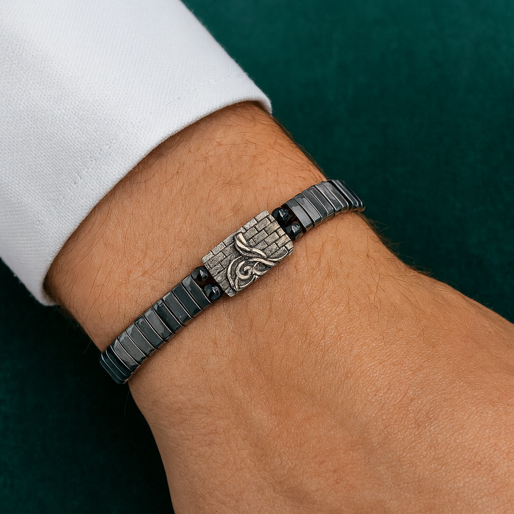 Osmanlı Tuğrası Gümüş Aparatlı Hematit Doğal Taş Makrome Bileklik