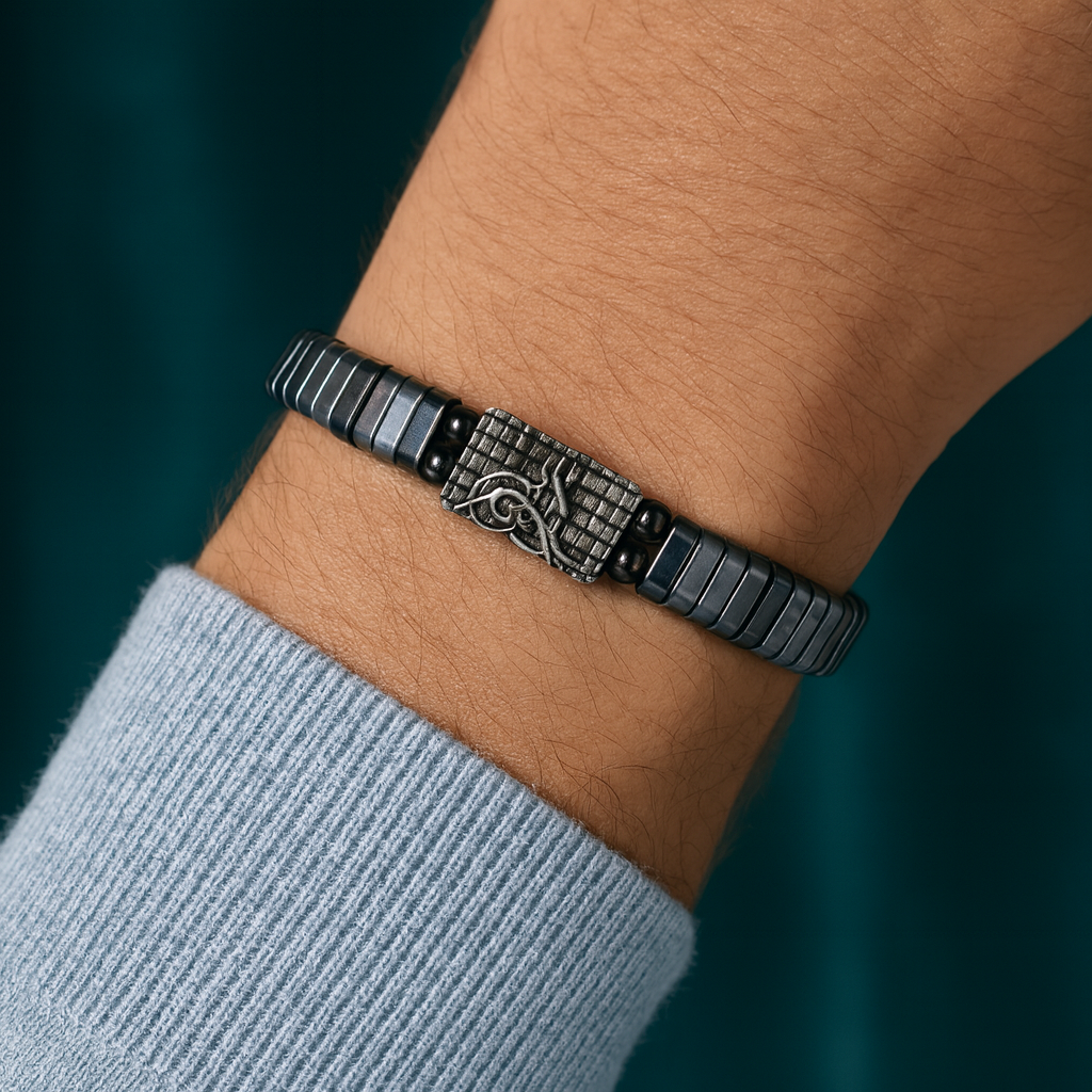 Osmanlı Tuğrası Gümüş Aparatlı Hematit Doğal Taş Makrome Bileklik