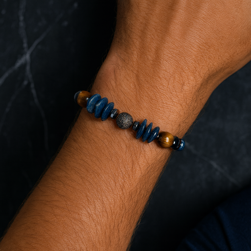 Kiyanit ve Kaplan Gözü Gümüş Aparatlı Doğal Taş Bileklik