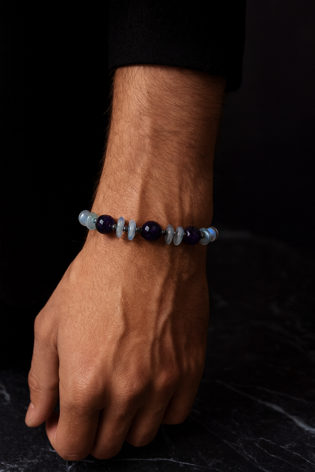 Ametist, Labradorit ve Hematit Doğal Taş Bileklik – Unisex Şık Tasarım