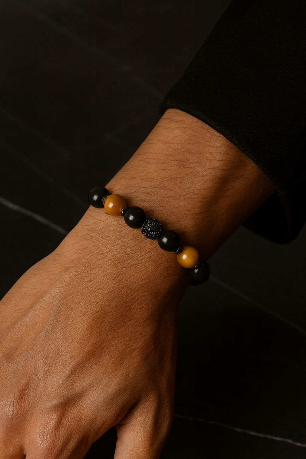 Obsidyen, Kaplan Gözü ve Hematit Doğal Taş Makrome Bileklik – Zirkon Aparatlı, Ayarlanabilir Tasarım