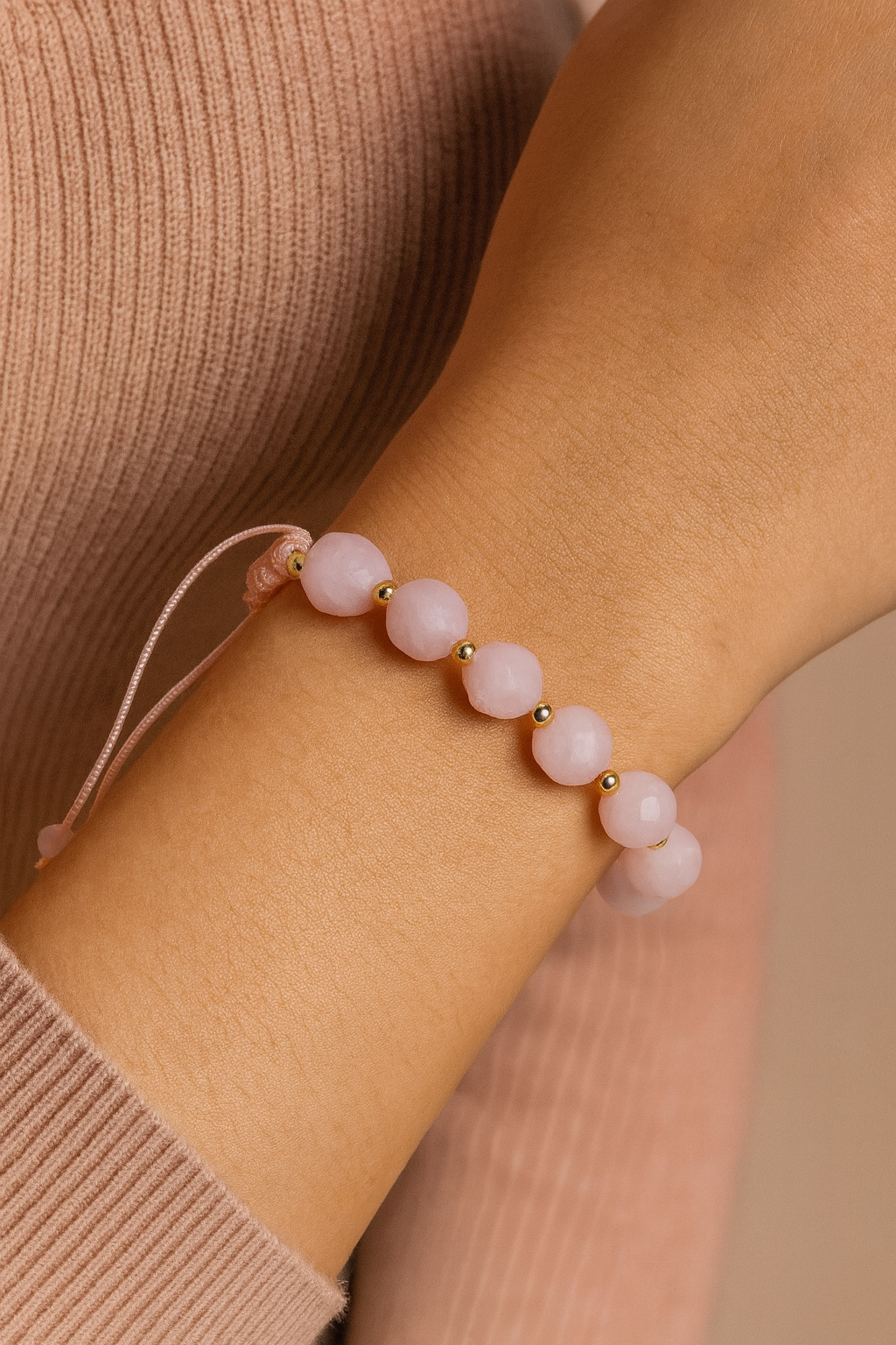 Pembe Kuvars, Hematit Fasetli Doğal Taş Makrome Bileklik