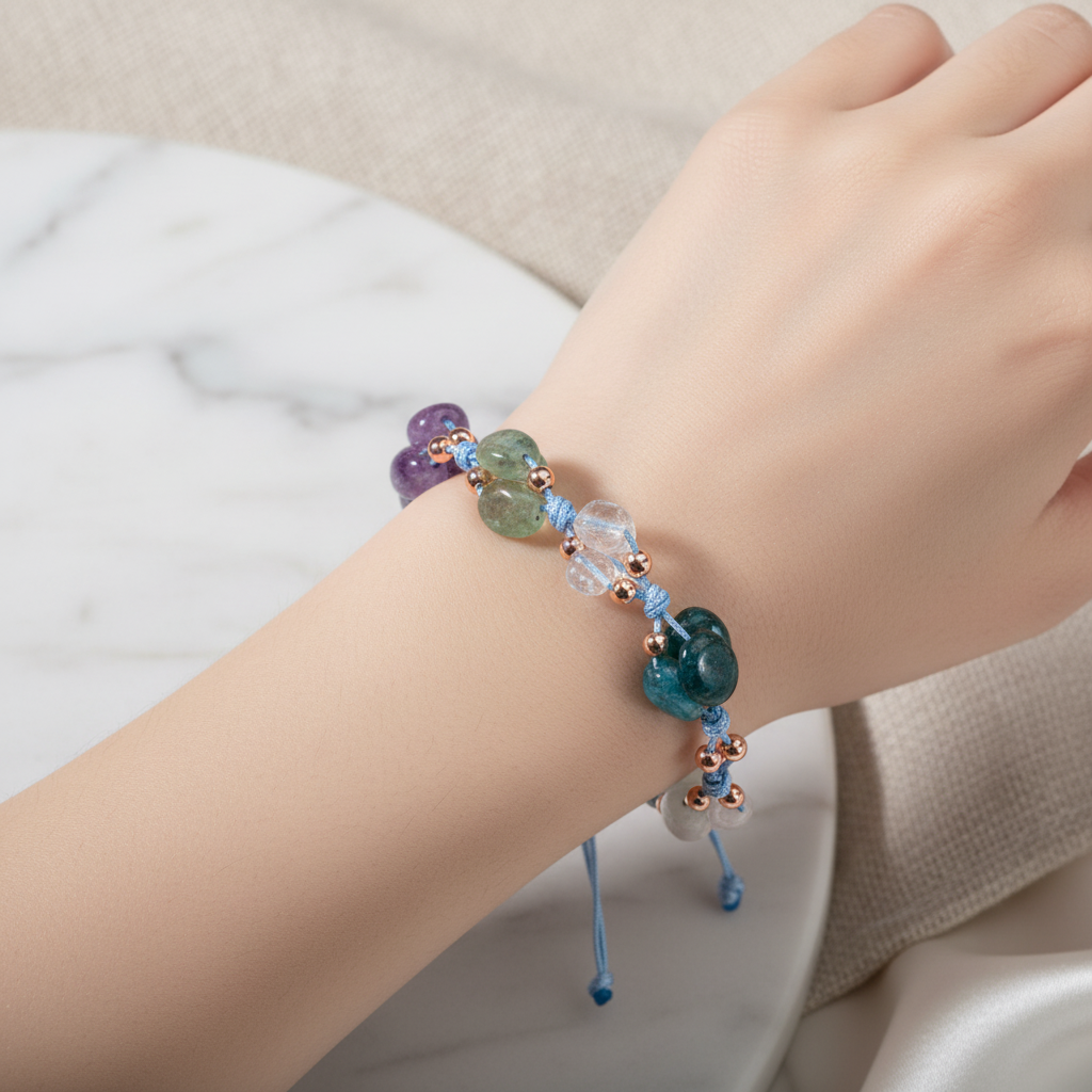 Balık Burcu Doğal Taş Makrome Bileklik – Akuamarin, Ametist, Ay Taşı, Kiyanit, Mavi Apatit, Mor Florit, Yeşil Larimar – Özel Tasarım