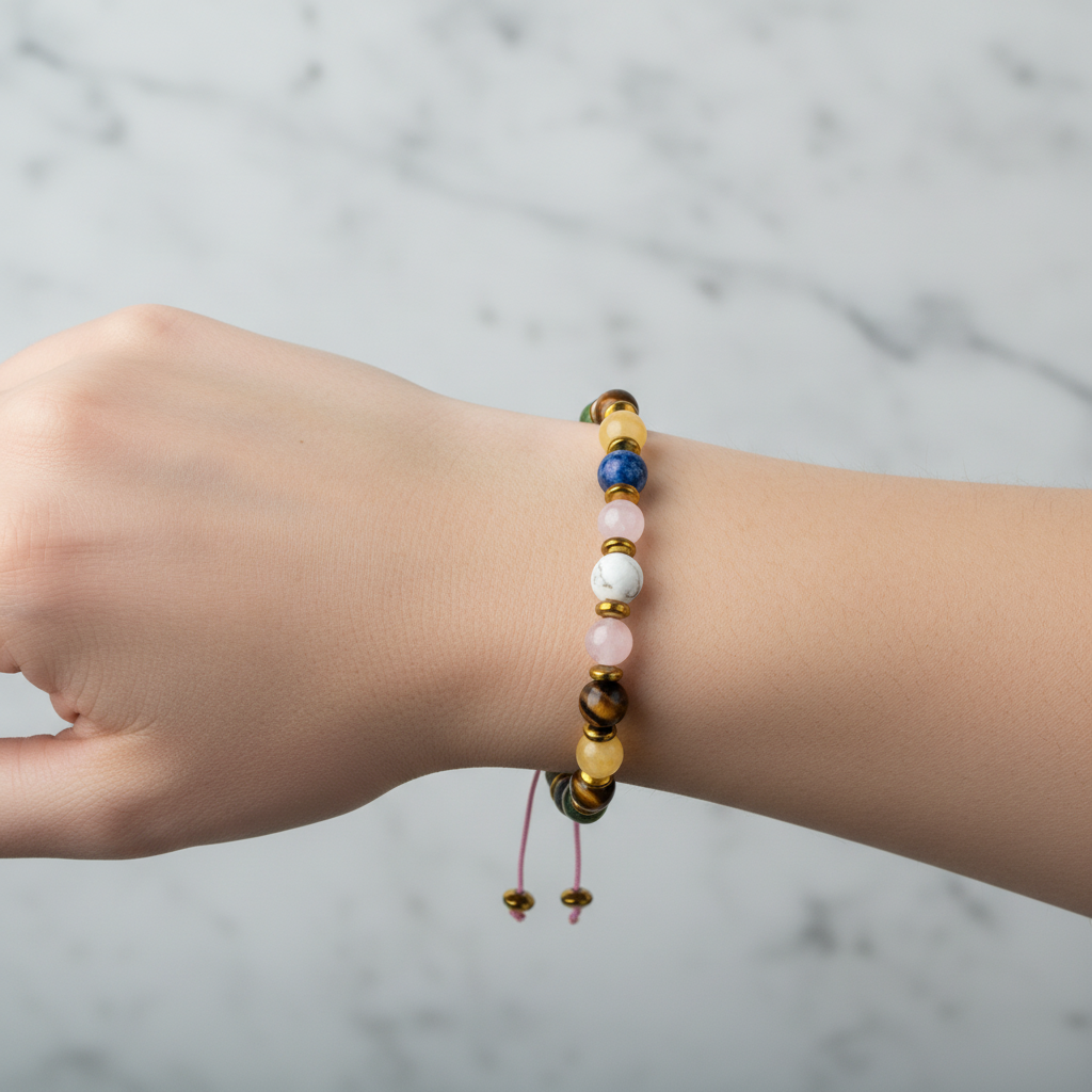 Kız Öğrenci Doğal Taş Bileklik – Havlit, Pembe Kuvars, Labradorit, Lapis Lazuli, Kalsit, Yeşim, Dumanlı Kuvars, Sodalit & Kaplan Gözü – Özel Tasarım