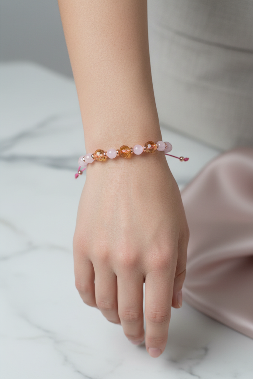 Pembe Kuvars ve Sitrin Fasetli Doğal Taş Bileklik – Unisex Şık Tasarım