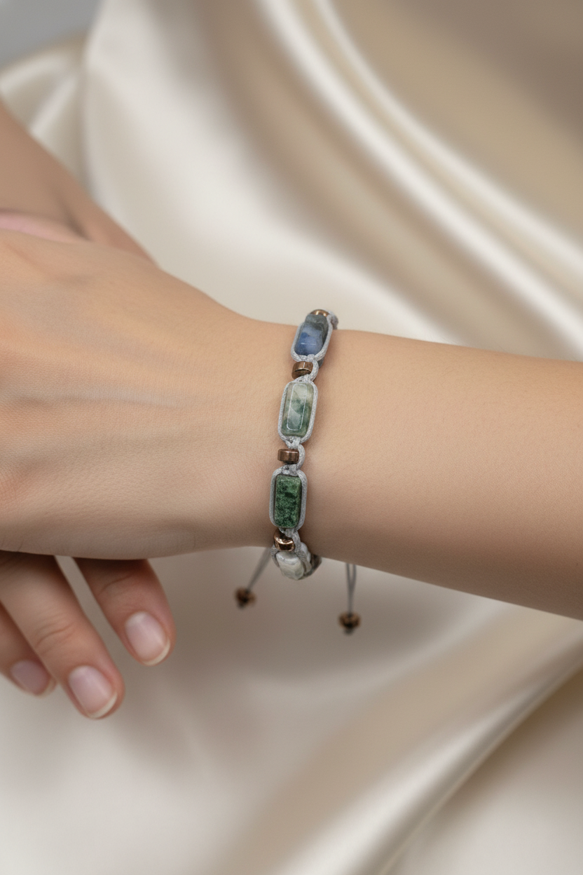 Yosunlu Akik ve Hematit Doğal Taş Bileklik – İpli Köşeli Makrome Model, Unisex Tasarım