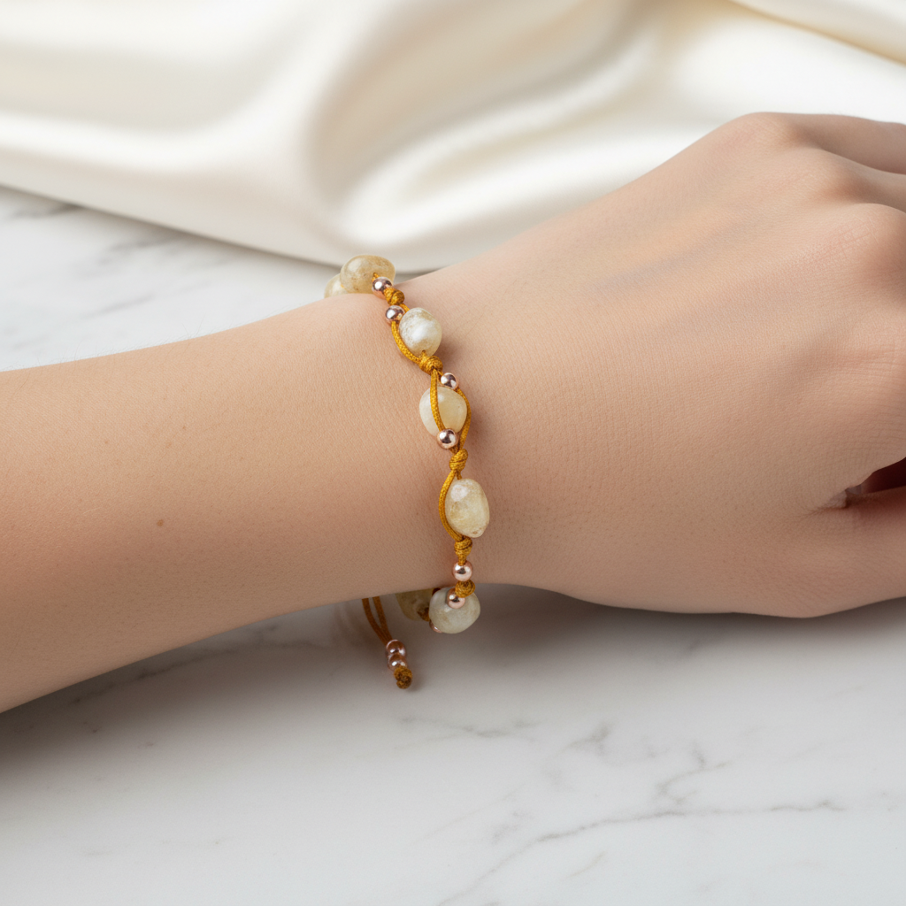 Sarı Kaplan Gözü Natürel Kesim Doğal Taş Makrome Bileklik – Unisex El İşçiliği