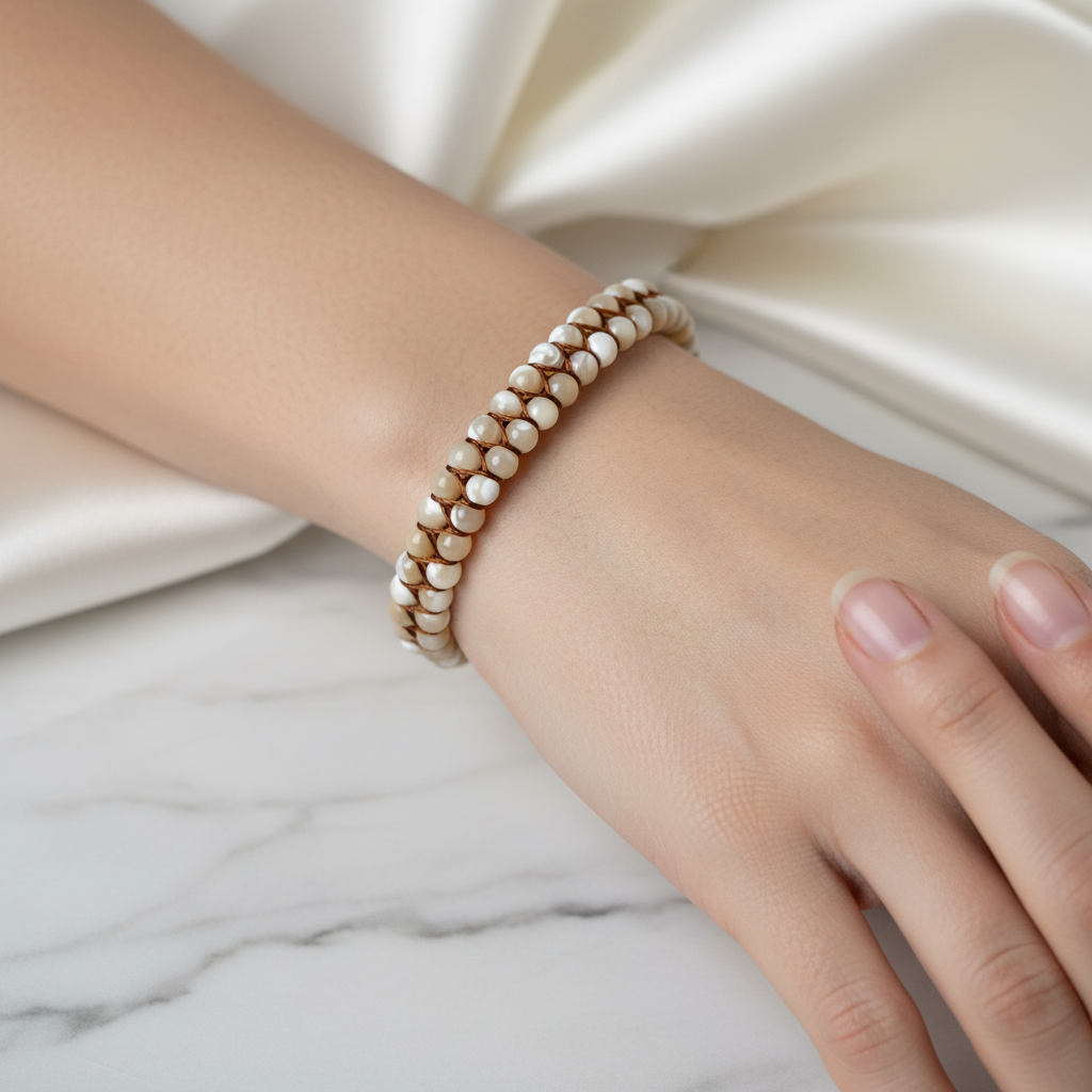 Sedef 4 mm Çift Sıra Doğal Taş Makrome Bileklik – Unisex El İşçiliği